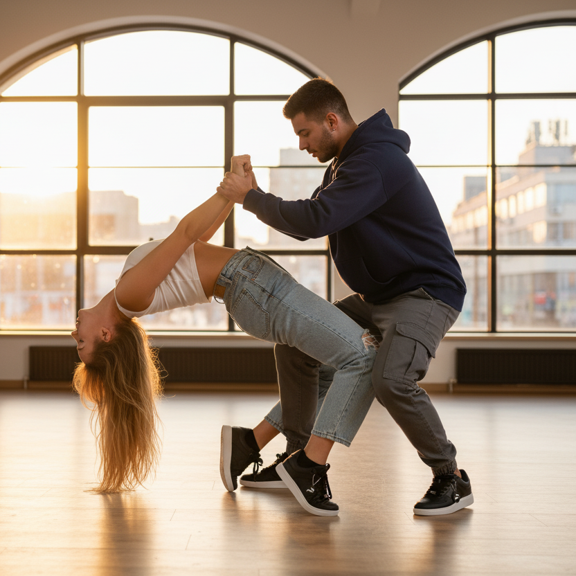 Dancer performing a lift in a dance studio with large windows.
